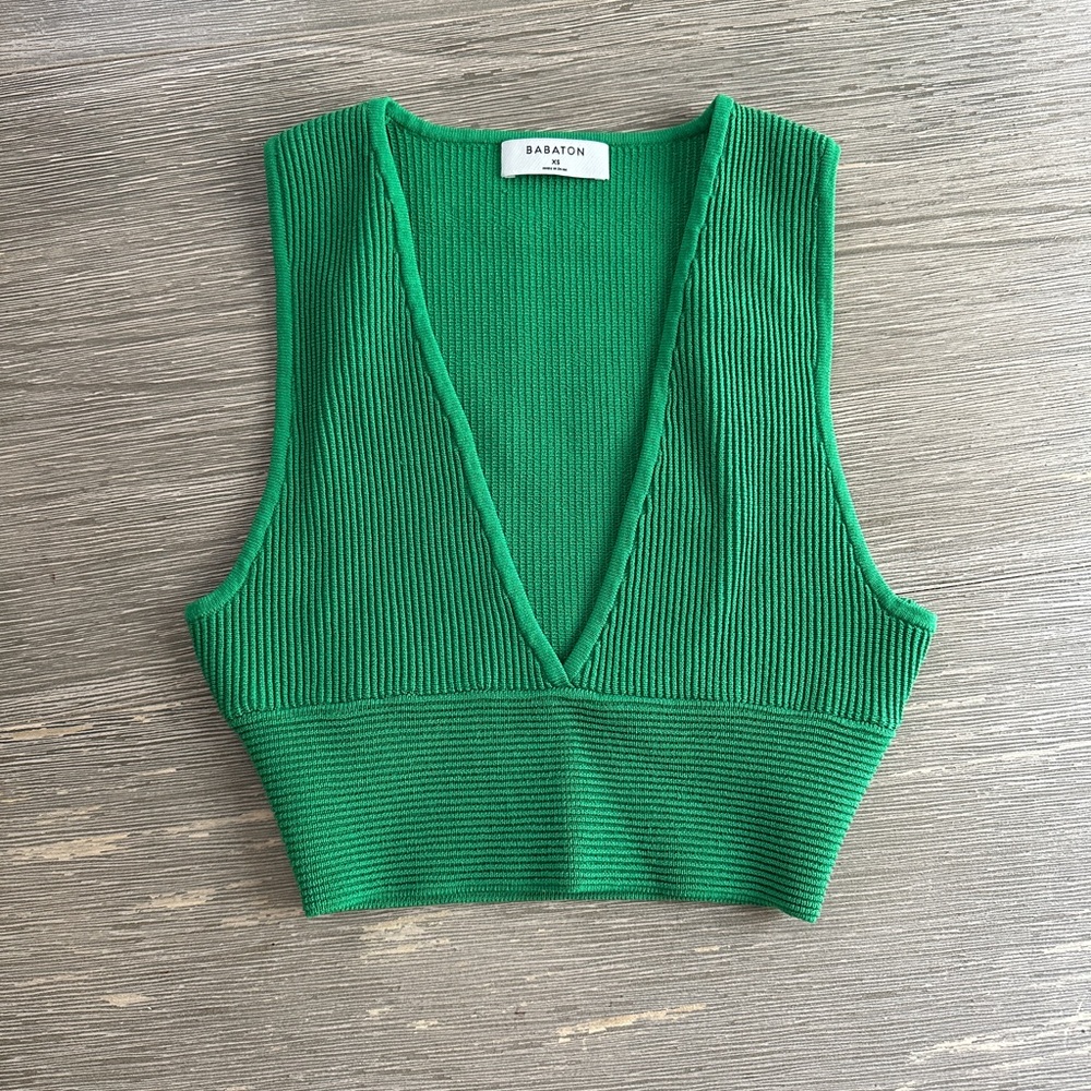 Babaton Green Ribbed Knit Crop Top